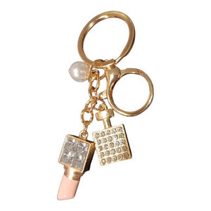 Lipstick, Perfume Bottle, Pearl Rhinestone Purse Charm Keychain in Blush Bling